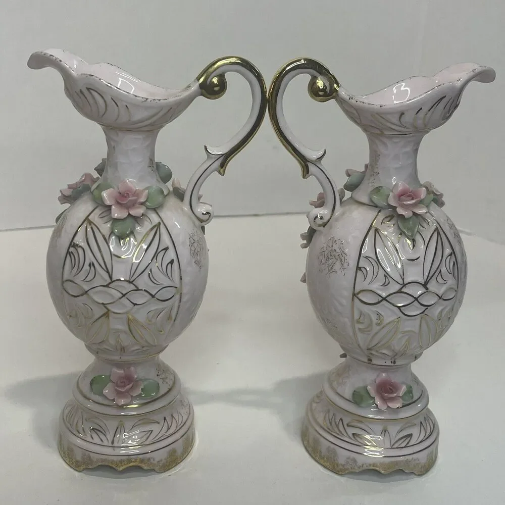 Vintage Lefton China Pink Roses Pitcher Vase Pair See Description